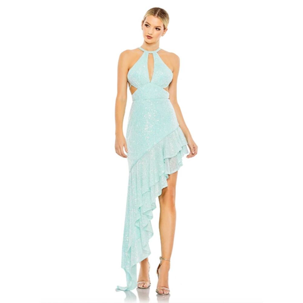 MAC DUGGAL Dress Size 0 Evening Gown Sequin Aqua NEW High Low Ruffle Cut Out - Picture 1 of 9